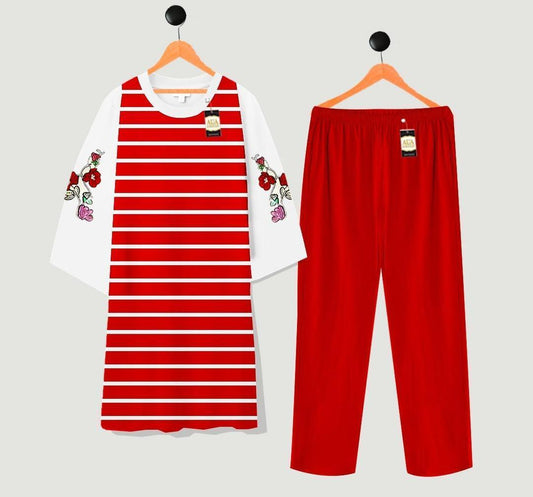 2 Pcs Women's Stitched Printed Sleep Shirt And Trouser